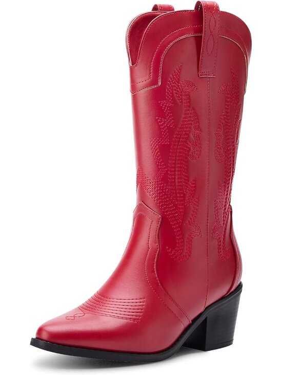 Shoes - Women's Red Cowboy Boots Pointed Toe Western Boots Embroidered Mid Calf Boots